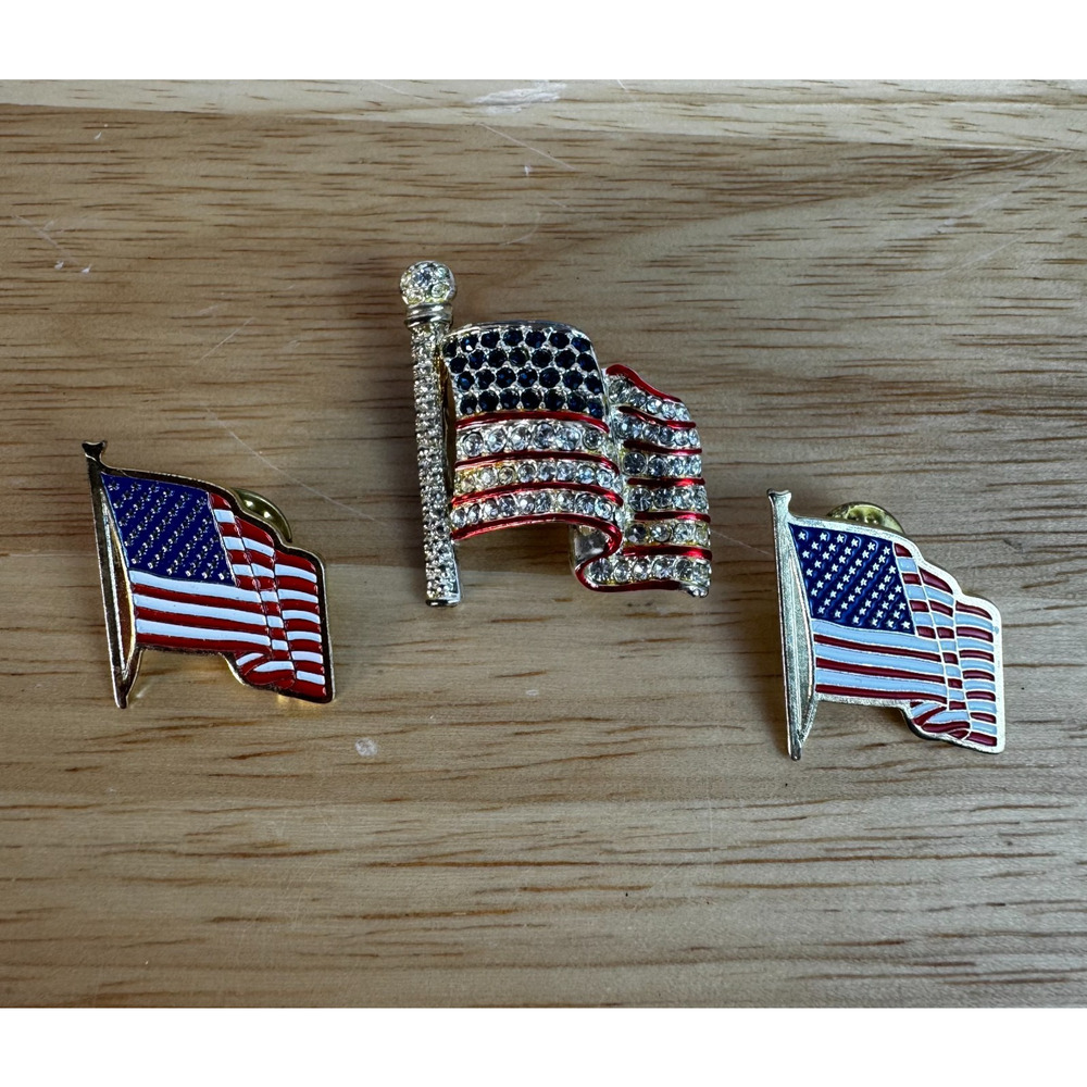 Lot of 3 American Flag Pins USA Rhinestone Lapel Pins Patriotic 4th of July